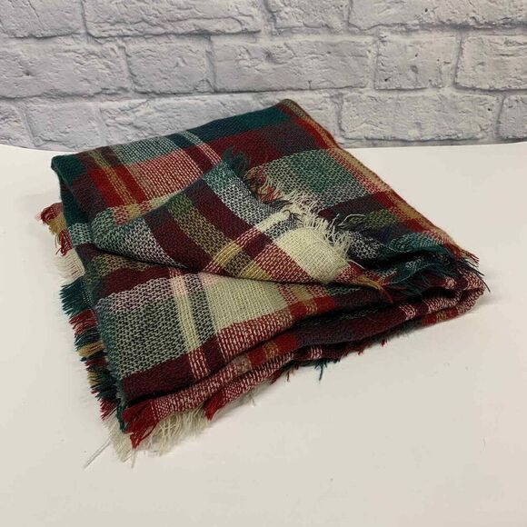 Blanket Scarf Plaid Red Green Tan Large‎ Fringe Edges - Picture 1 of 5